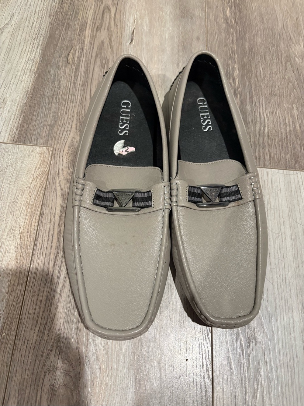GUESS Men’s Taupe Slip-On Loafers with Metal Logo Accent
